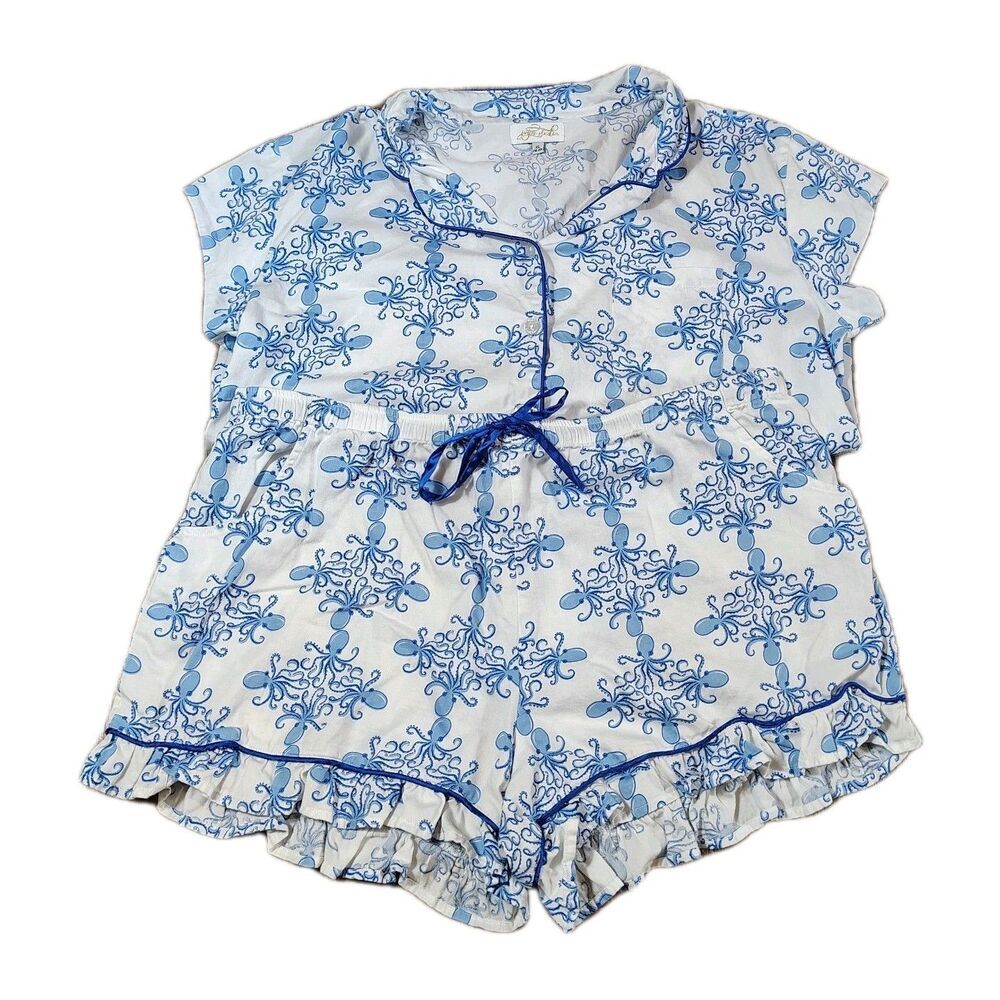 Womens Octopus Pajama Set Size XL Blue White Coastal Nautical Cotton